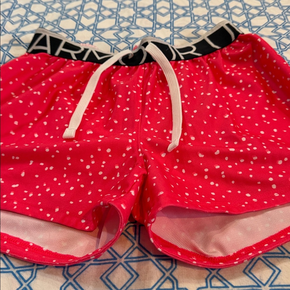 Under Armour Youth Athletic Shorts in Pink with White Dots - Picture 4 of 7